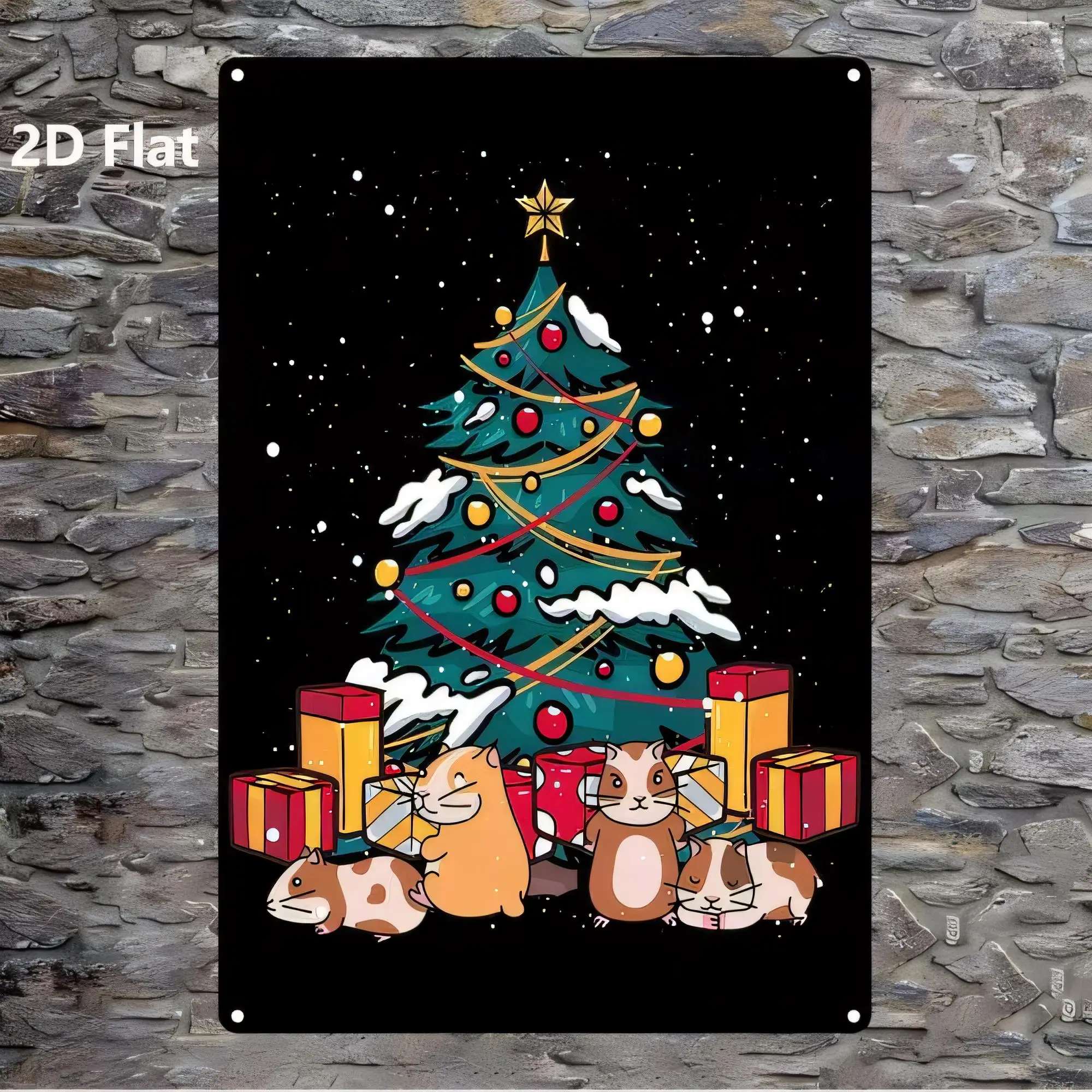 Tin Sign for Wall Decor, 2D Flat Retro Christmas Tree Night Scene with Cute Cats and Gifts, Funny Holiday Metal Sign, Festive Xm