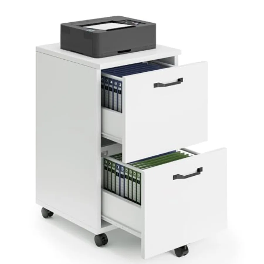 2 Drawer Filing Cabinet White, Rolling Wood File Cabinets, Home Office Organizer, Under Desk Storage Lockable Wheels, Printer S