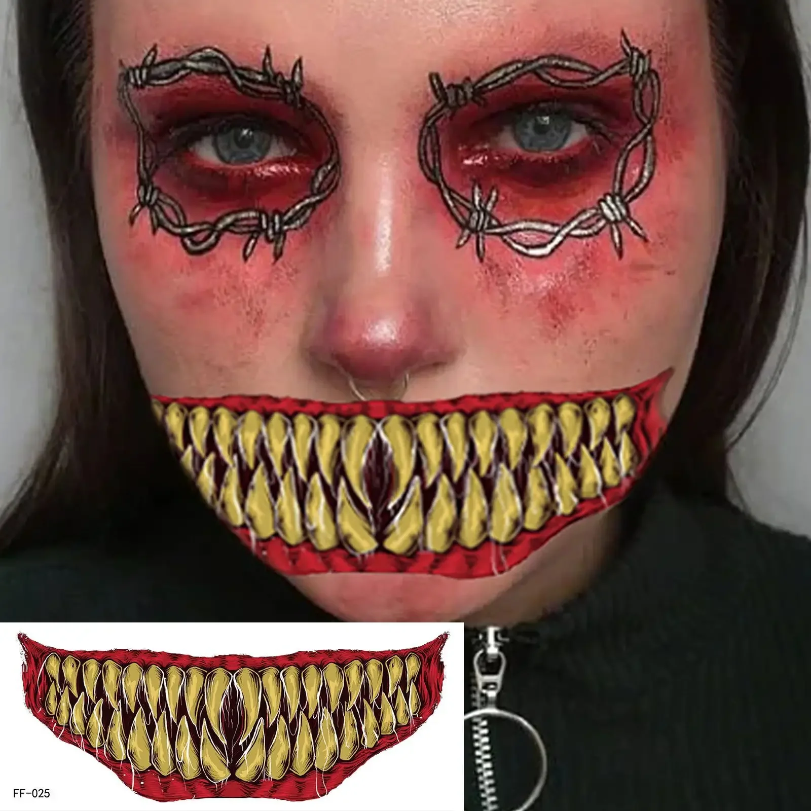 Halloween Horror Big Mouth Face Sticker Funny Makeup Party adesivi per tatuaggi impermeabili Devil Costume accessori Cosplay