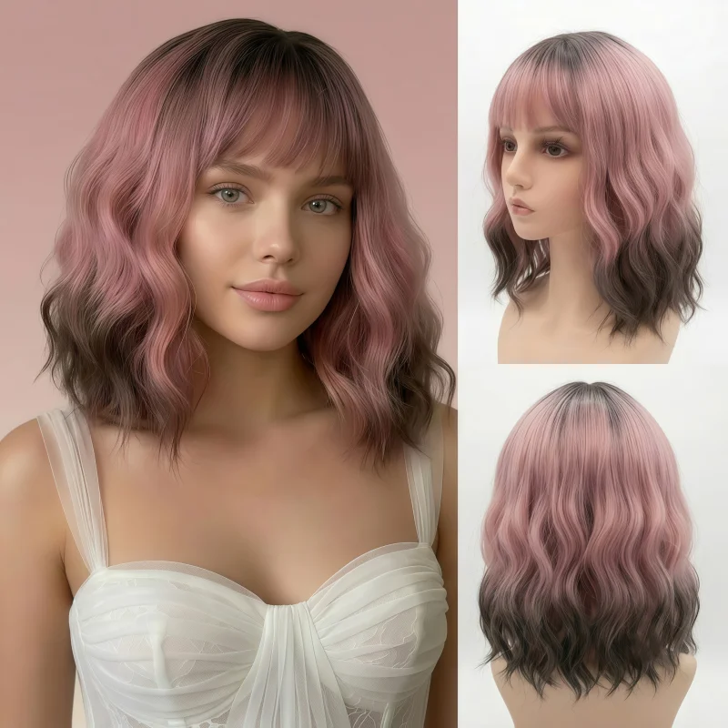 Short gradual change pink Qi bangs wig 12 inch wavy curl Bobo head women's wig, shoulder length natural shape, daily party role-