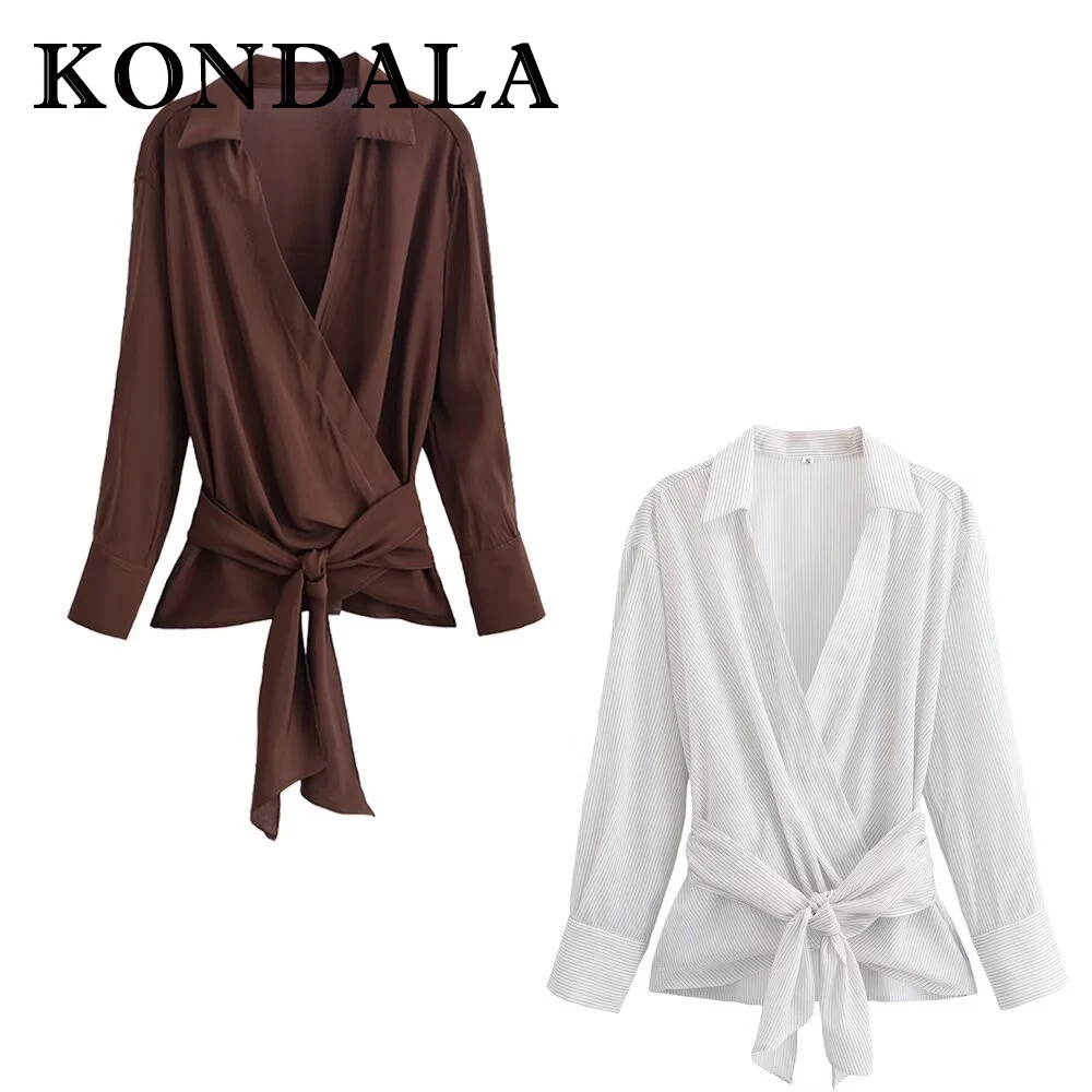 

KONDALA Chic Brown V-Neck Elegant Sexy Woman Blouse Fashion 2025 Vintage Lace-up Casual Shirt Teacher Commute Fall Mujer Shirt