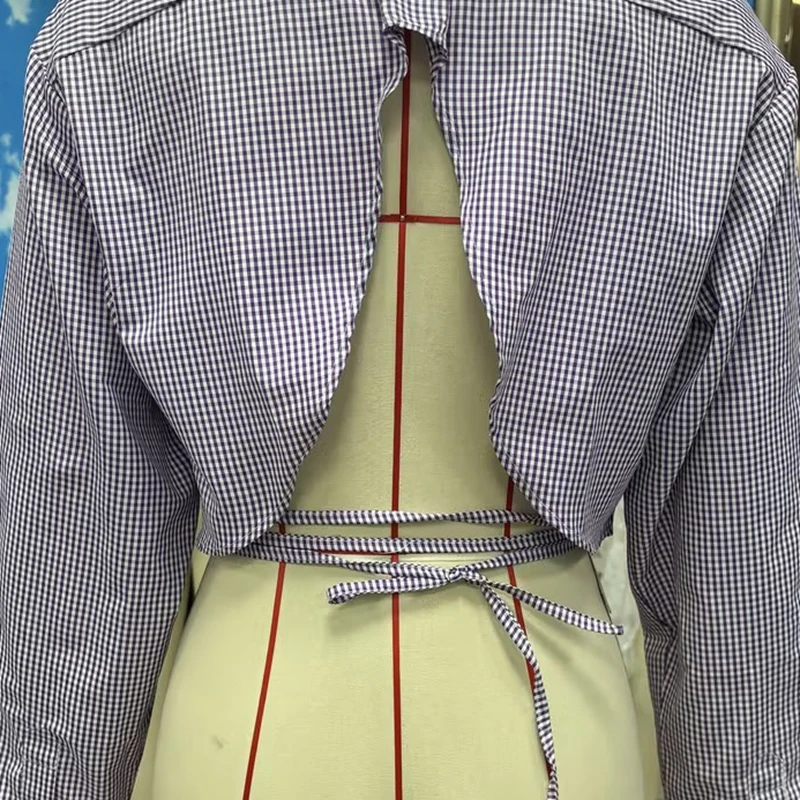 

Designer Women's Autumn Open Back Striped/Plaid Tops Long Sleeve Turn Down Collar Casual Button Up Shirts