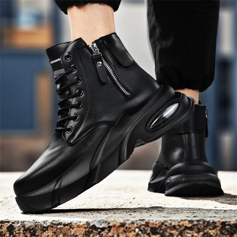 

Men's Four-season Solid Color Fashionable Mid-top Lace-up Thick-soled Flat Street Style Large-sized Motorcycle Work Boots