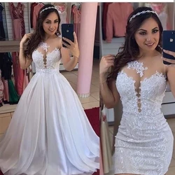 Two Piece Illusion Vestidos de casamento com trem destacável e pérolas, vestidos de noiva, bainha, 2 em 1