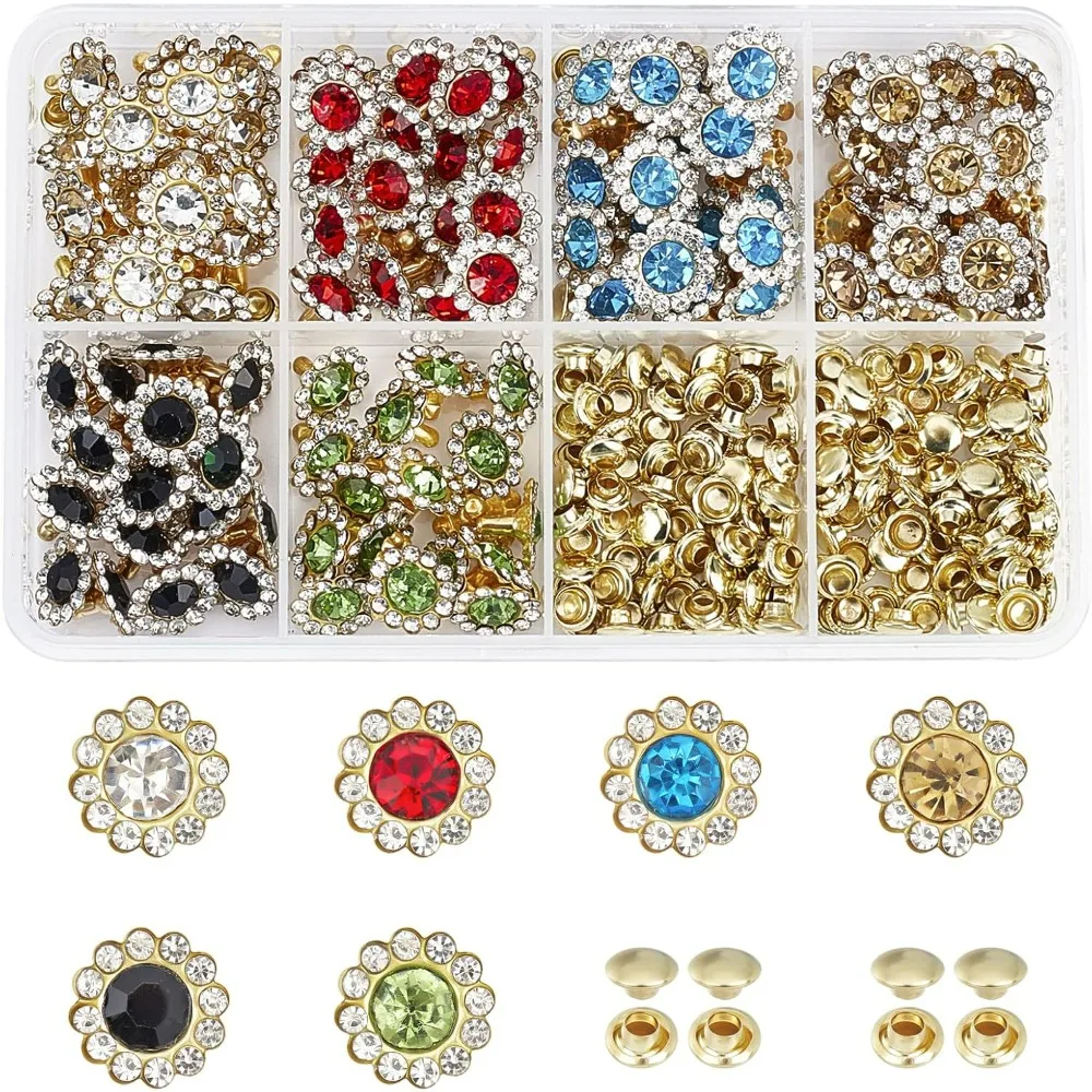 120 Sets Rhinestone Rivets Studs 11mm 6 Colors Sun Flower Crystal Rivets Mixed Colors Leather Rivets Studs Buttons Diamond