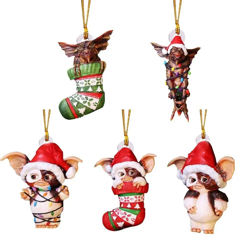Gremlins sombrero de Papá Noel colgante de decoración de árbol de Navidad, adorno acrílico de cachorro lindo, regalo de Navidad, suministros festivos para fiestas