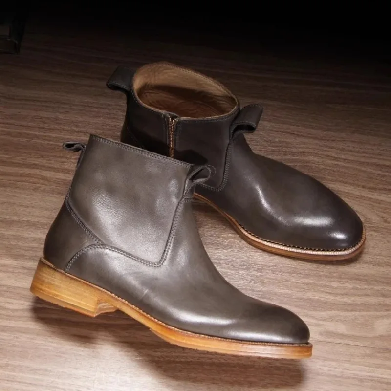 Handmade Men Pointed Toe Fashion Boots Side Zipper Casual Washed Retro Genuine Leather Chelsea Ankle Boots