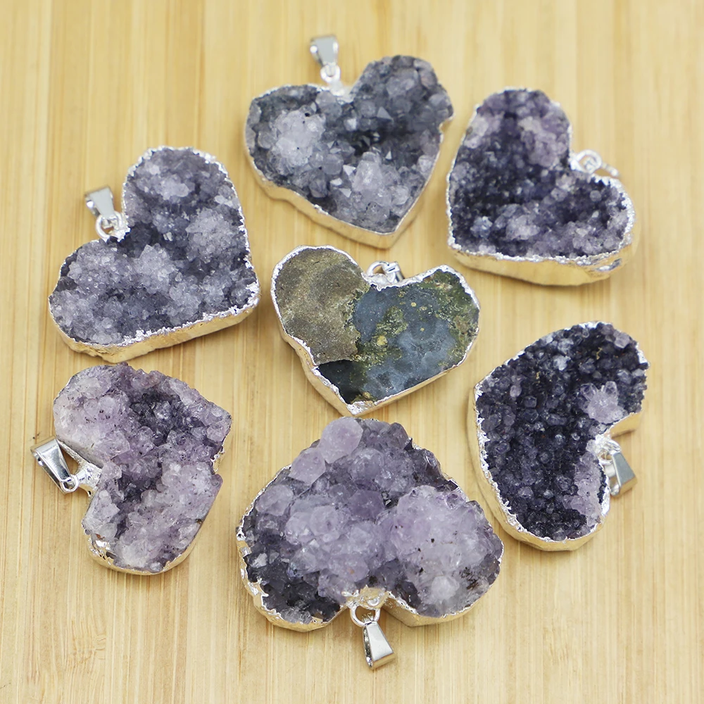 Free Shipping Natural Stone Silver Edge Heart-shaped Amethyst Pendant Necklace DIY Fashion Charm Jewelry Making Wholesale 5P/Lot