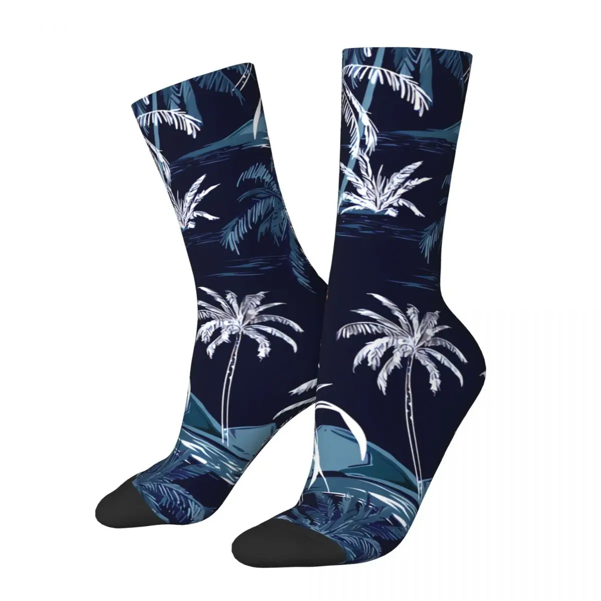 Funny Crazy Sock for Men Aloha Monotone Blue Seamless Vintage Tropics Pattern Quality Pattern Printed Crew Sock Seamless Gift