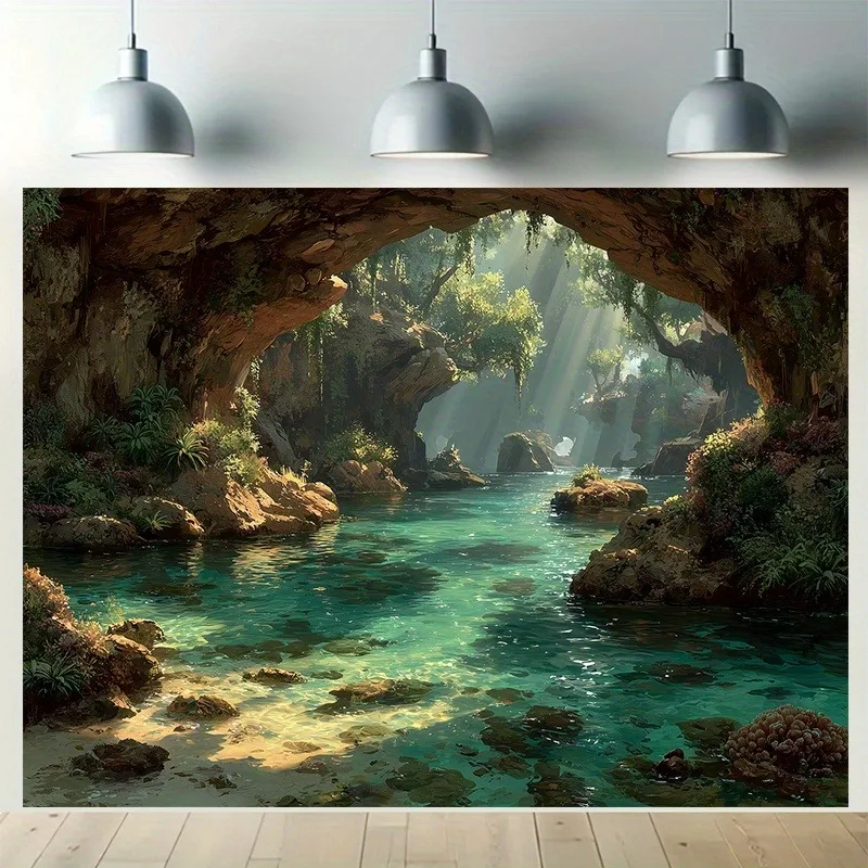 Enchanted Cave Lagoon Tapestry: Turquoise Water Jungle Scene Pattern Serene Boho Wall Decor for Living Room Bedroom