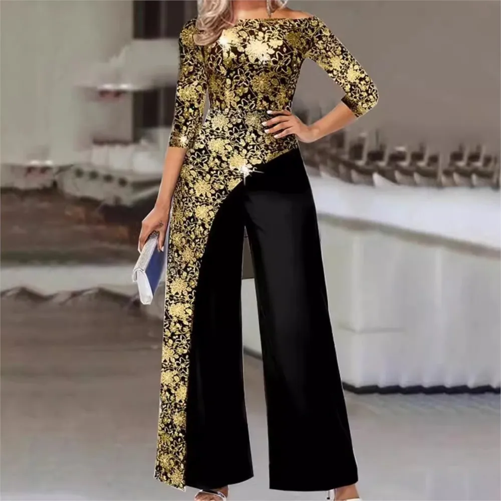 Fashion Print Splicing 7 Point Sleeve For Women's Jumpsuit Spring And Autumn New Slim Elegant Female Office Jumpsuit Pants 2025