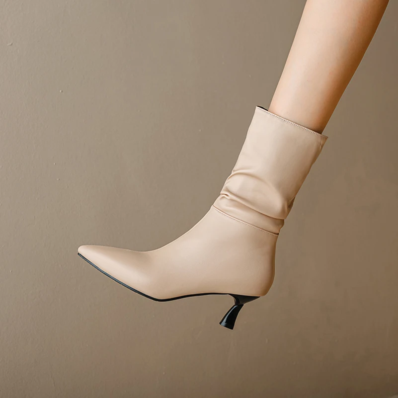 

Plus Size Pointed Shaped Metal Cat Heel With Pleated Slip On Concise Style Mid Calf Boots Autumn New Fashion Office Boots