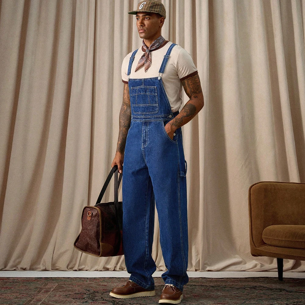 Men's Blue Denim Bib Overalls Baggy Multi-Pocket Cargo Dungarees Casual Work Pants Streetwear Jean Coveralls