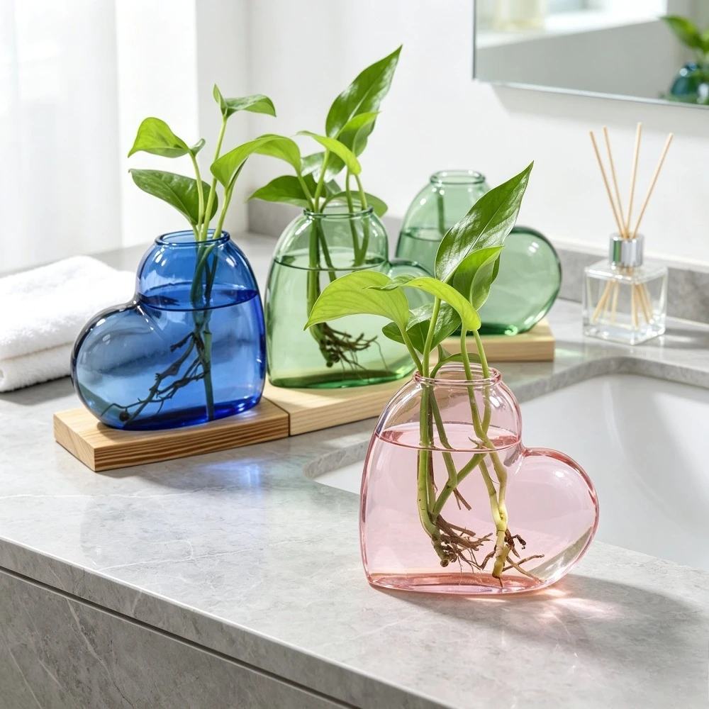 Romantic Heart Shape Glass Vase Hydroponic Flower Arrangement Container Minimalist Desktop Decor for Wedding Office