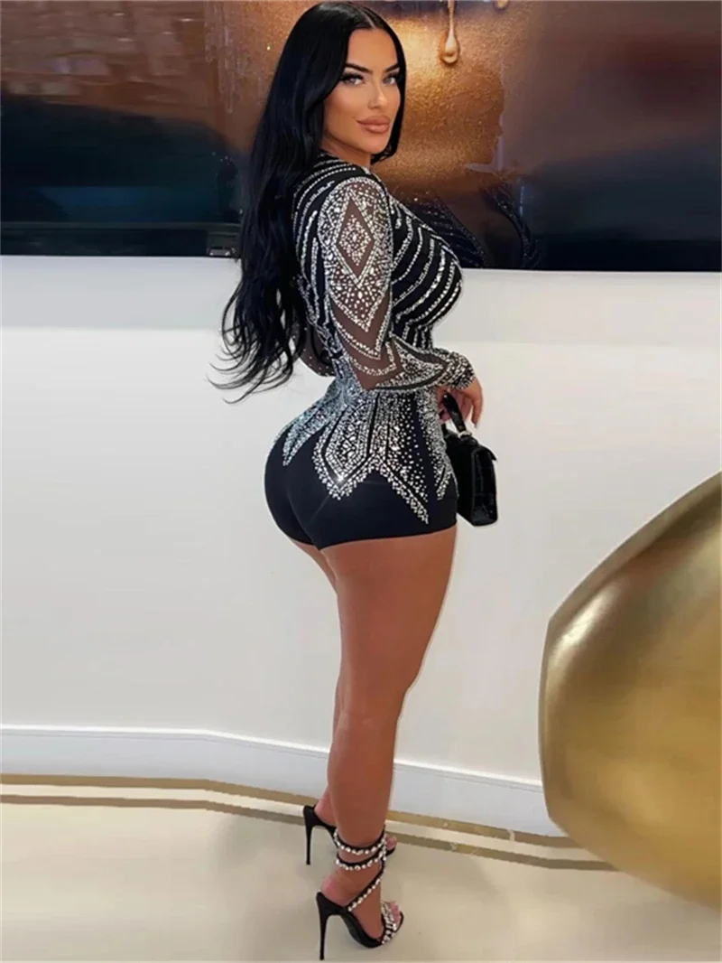 Mesh See Trough Diamonds Hot Rhinestons Rompers Playsuits Summer Clothes Women 2025 Bodycon Shorts Jumpsuits One Pieces Overalls