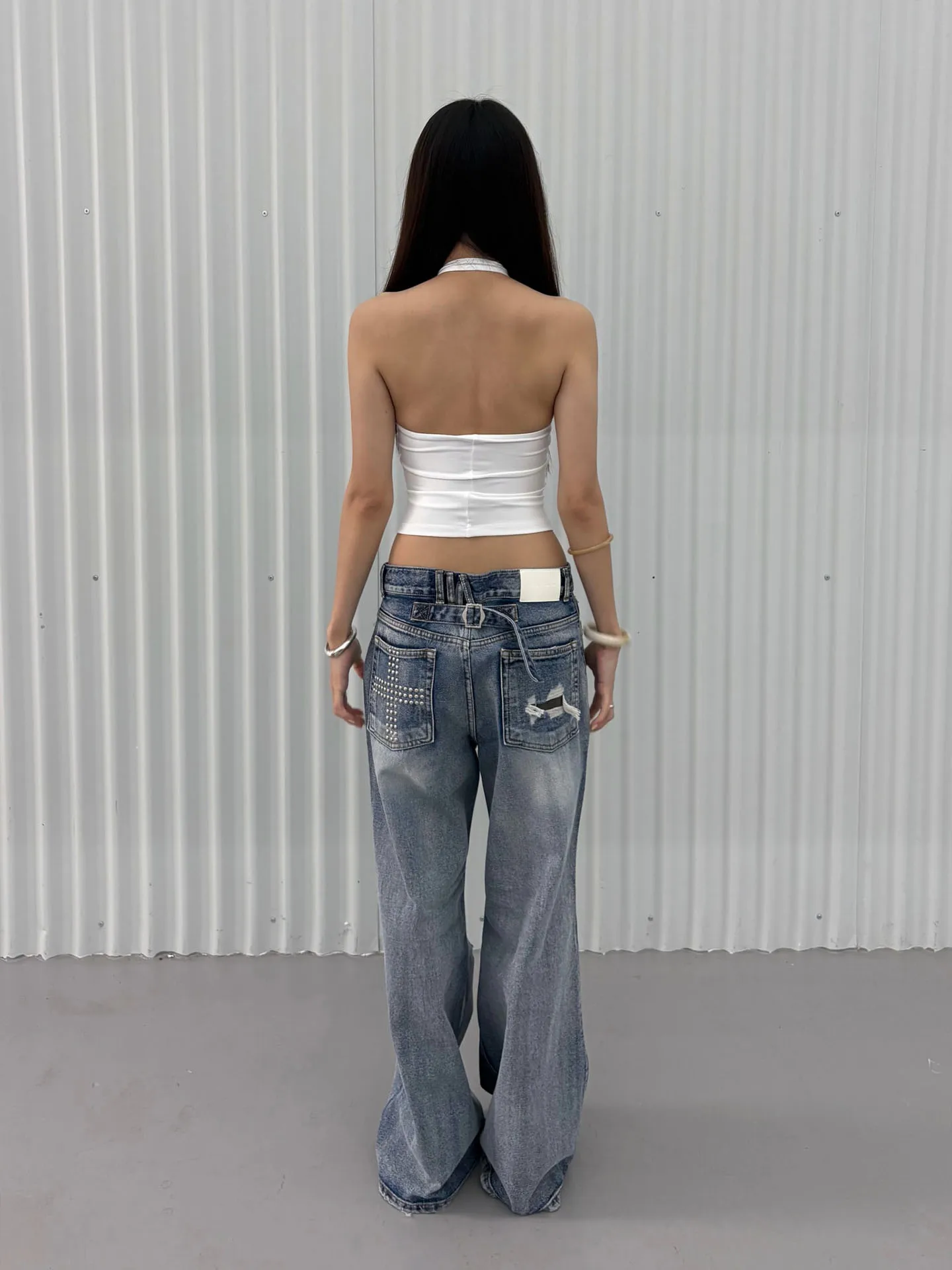 Washed Light Blue  Denim Jeans Straight Leg Adjustable Paris Buckle Ripped Back Pocket Women's Natural Waist Jeans