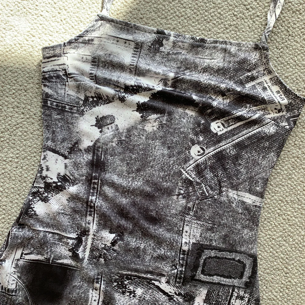 아메리칸 스타일 레트로 프린트 슬링 스퀘어 넥 원피스, 고탄성 슬림 그레이, 니치 스파이시 걸, A 라인 짧은 원피스 D319, 여름