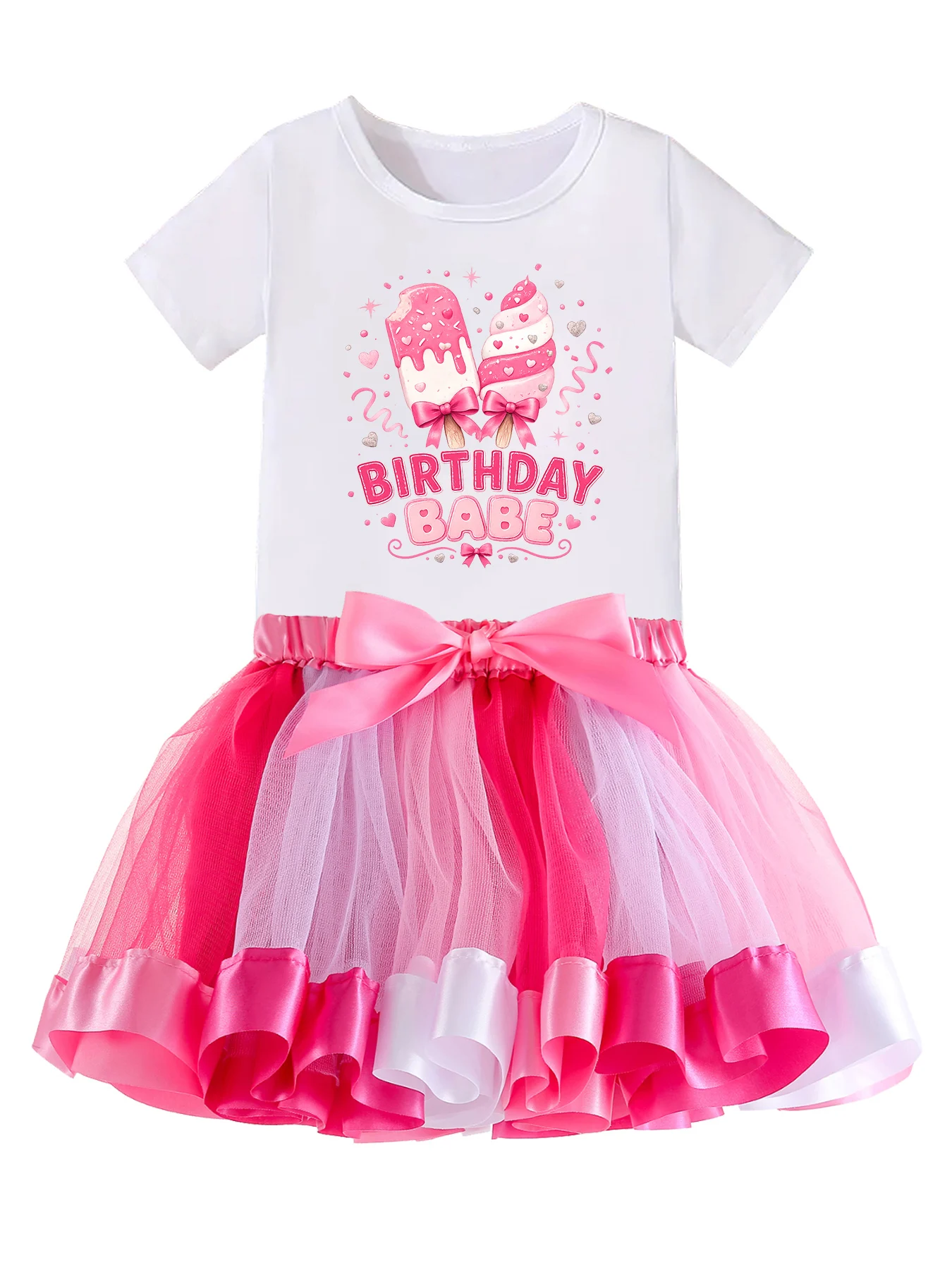 Toddler Girls Birthday Outfit 2Pcs Set Birthday Babe Ice Cream Print Short Sleeve T-Shirt + Pink Bow Layer Tulle Tutu Skirt Kids