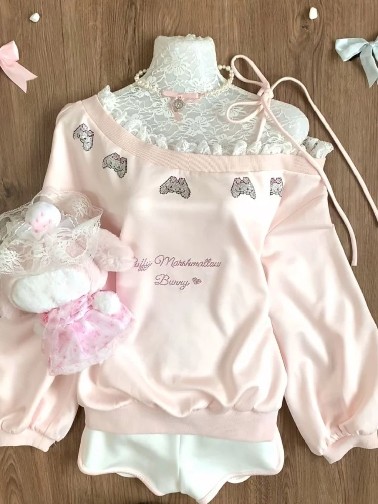 Japanese Kawaii Pink Sweatshirt Women Off Shoulder Lace Bow Long Sleeve Top Sweet Girl Design Fashion Soft Cute Casual Pullover