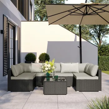 7 Pieces Patio Furniture Set, Outdoor Sectional Wicker Rattan Furniture with Cushion and Glass Table, Patio Conversation Sets