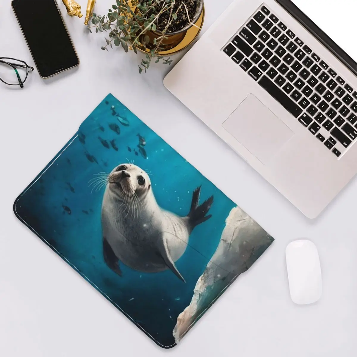 Sea Lion Underwater Realistic PU Leather Horizontal Laptop Sleeve Shockproof Soft Lining Notebook Case 13 Inch