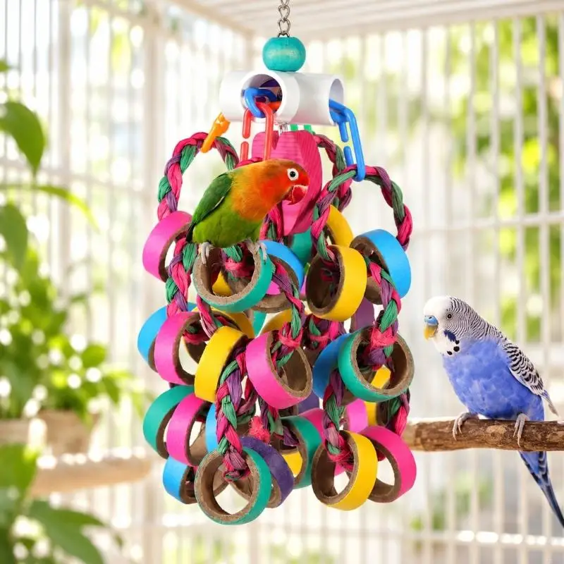 Hanging Pet Bird Cage Toy with Colorful Paper Rings and Cords for Pecking, Chewing, Pulling, Grabbing, and Exploring During 55KF