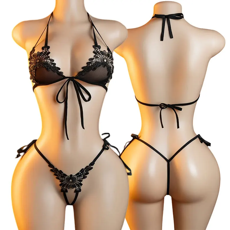 Black Embroidered Mini Bra Panty Set Lolita Sexy Lingerie Neck-hanging Adjustable Push-Up Thong Erotic Costumes Women Underwear