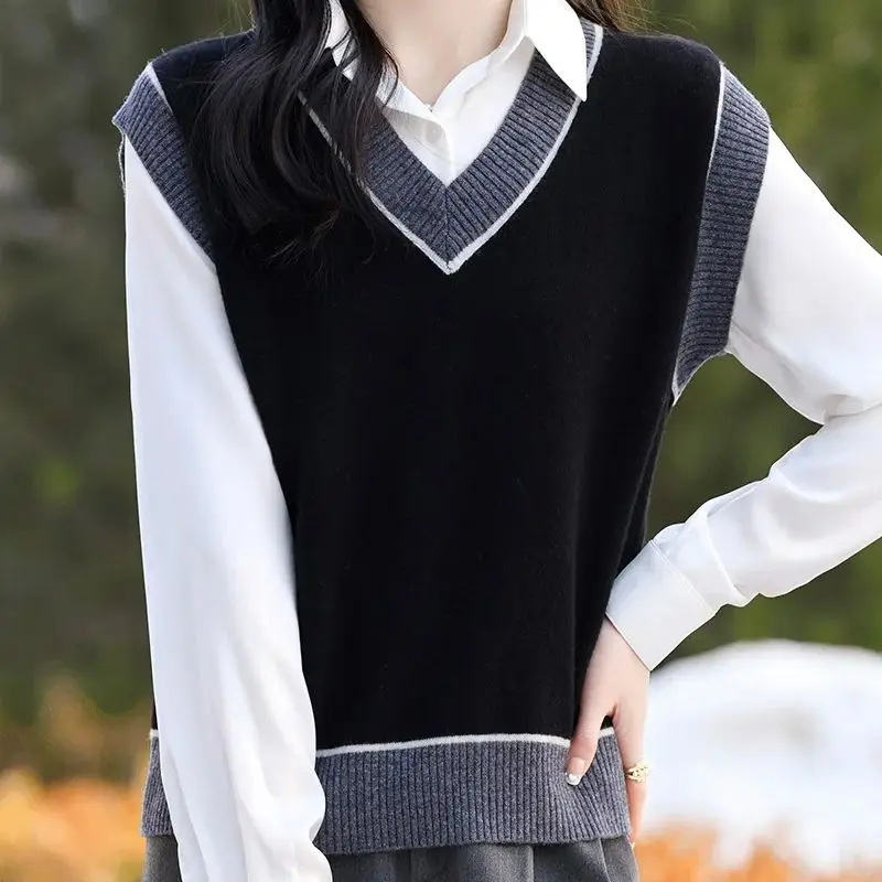 Spring Autumn Winter Three Seasons Women's New 100% Pure Wool Knitted Vest V-neck Color blocked Multi functional Sleeveless Top