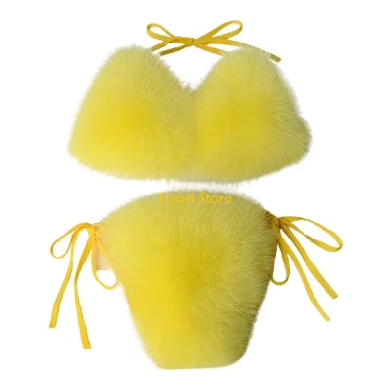 

U2JB Women Sexy 2pcs Faux Fur Set Halter for Triangle Bralette Swimsuit Tie Side Solid Color Plush Bathing Suit Clubwe