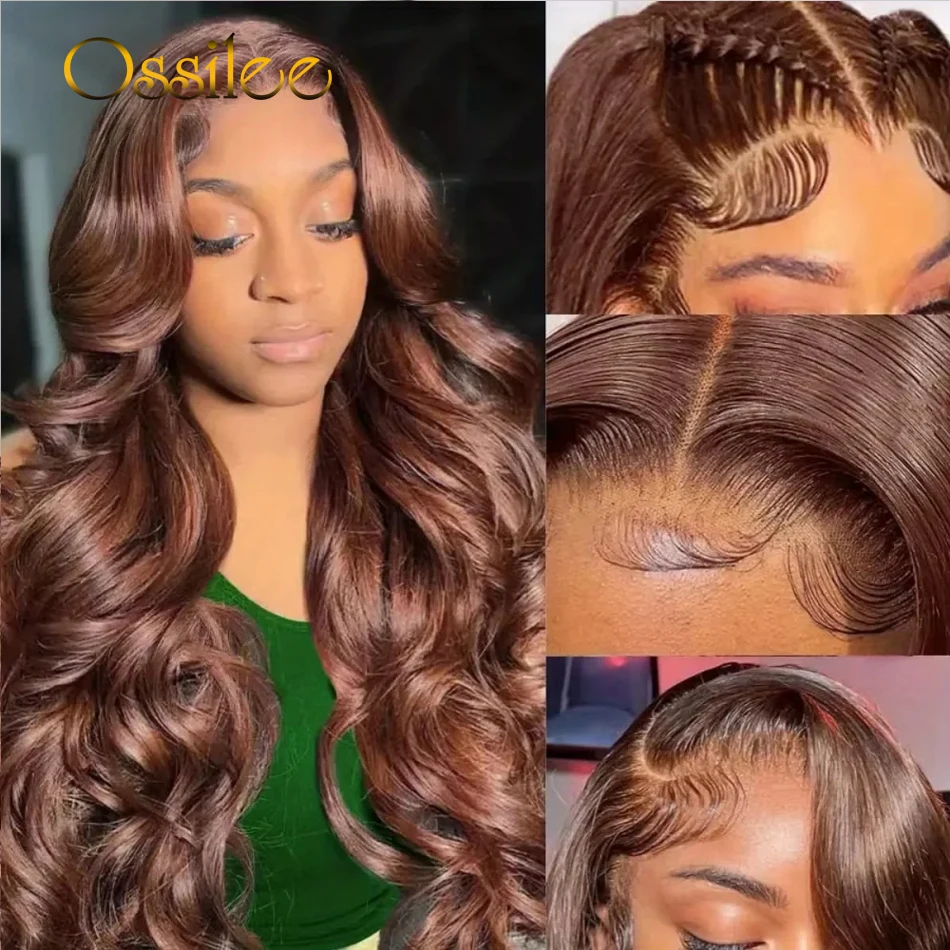 Ossilee Reddish Brown 3D Body Wave Invisi Strap 360 Lace Frontal Wig Pre Bleached 360 Lace Front Wig Human Hair