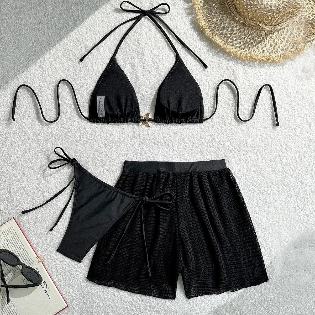 Pure Color Women's Three-piece Short Skirt Mesh Swimsuit Beach Fashion Bikini Tankini Swimsuits Women Trikini Biquini
