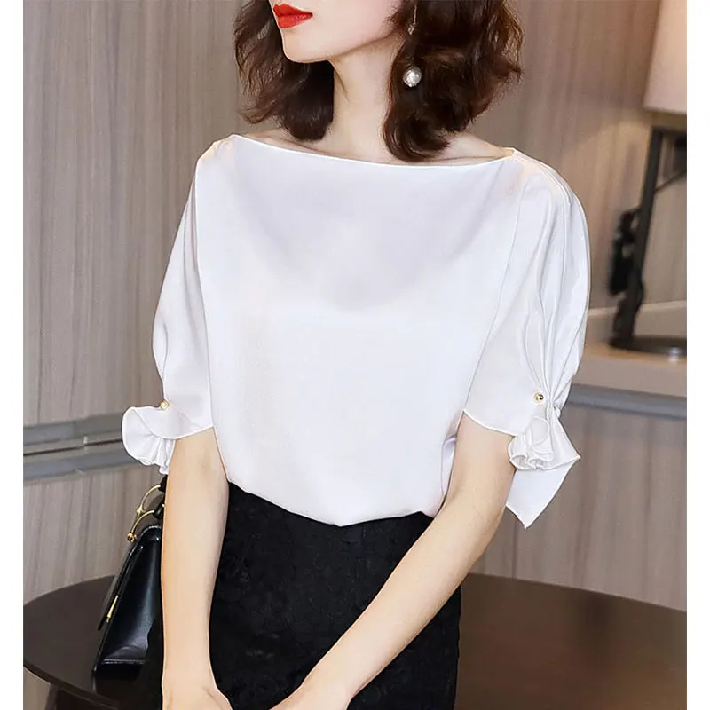 

Women's Short Sleeve Shirts, Monochromatic, Slash Neck, Casual Clothes, All-match, Temperament Tops, Summer Fashion