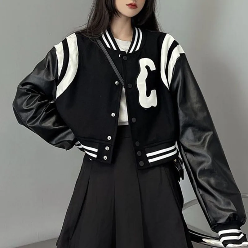 Black Baseball Jacket Women Long Sleeve Pu Patchwork Cropped Bomber Jackets Fashion Loose Outwear Streetwear Female Coat