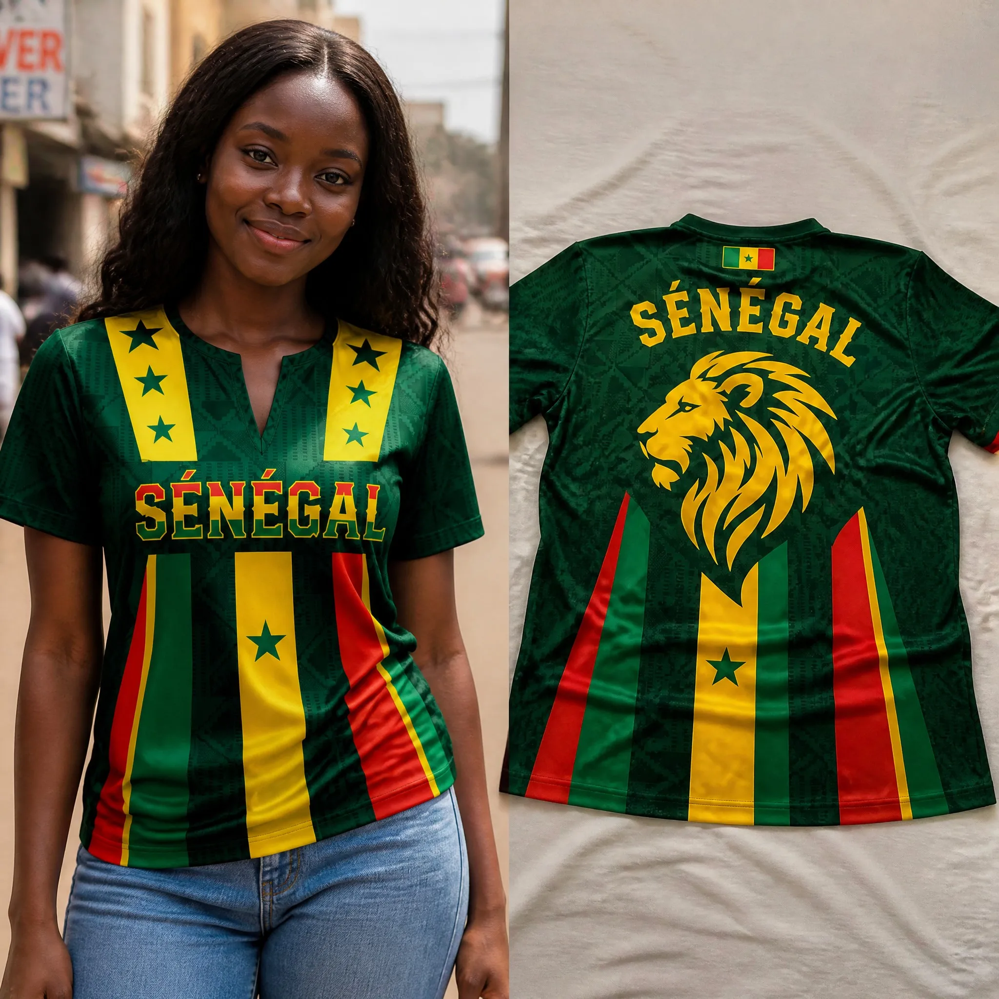 Camiseta de mujer con cuello en V pequeño, diseño de león y estrella, rayas verdes, rojas y amarillas, informal, de verano, manga corta, estilo herencia, para uso diario.