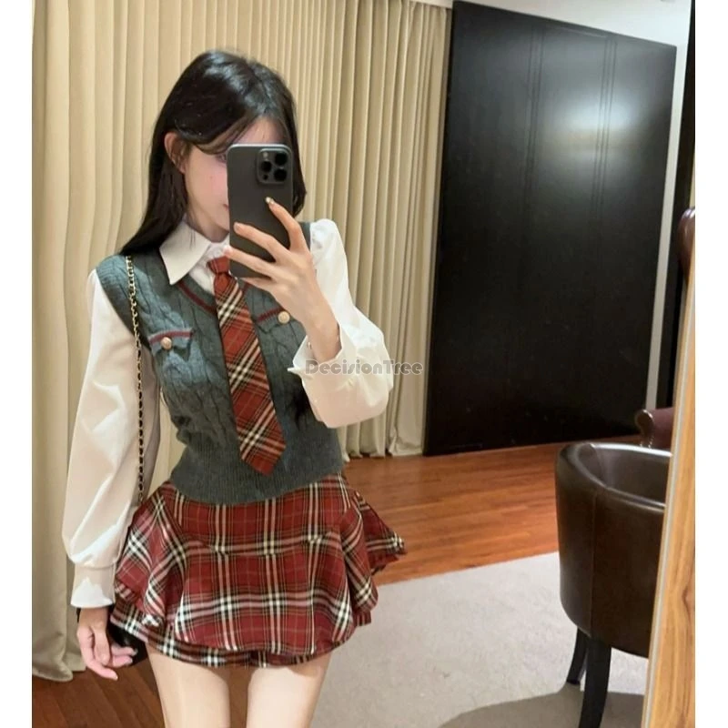 2025 migliorato stile scolastico coreano donna jk uniforme camicia a maniche lunghe maglione gilet gonna gonfia a quadri set jk moda in tre pezzi