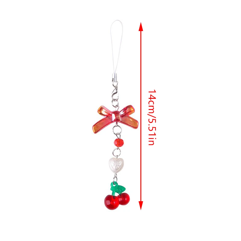 Cute Red Cherry Strawberry Bow Mobile Phone Strap Charm Keychain For Girl Woman Bag Camera Pendant Sweet Cellphone Jewelry