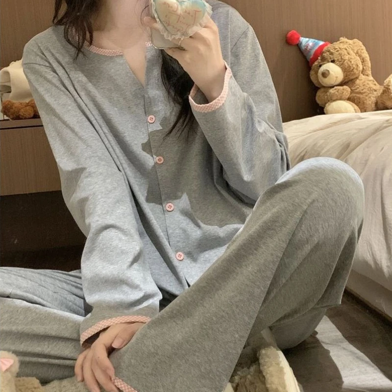 

Женская одежда для сна, которую можно носить в качестве верхней одежды, домашний костюм, однотонный свободный кардиган, брюки с длинными рукавами Женская Пижама