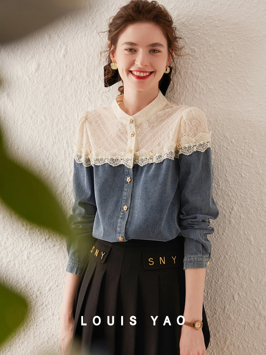 LOUIS YAO Women Color Block Lace Stand-Up Collar Shirt 2023 Autumn Fashionable Denim Blue Long-sleeve Top