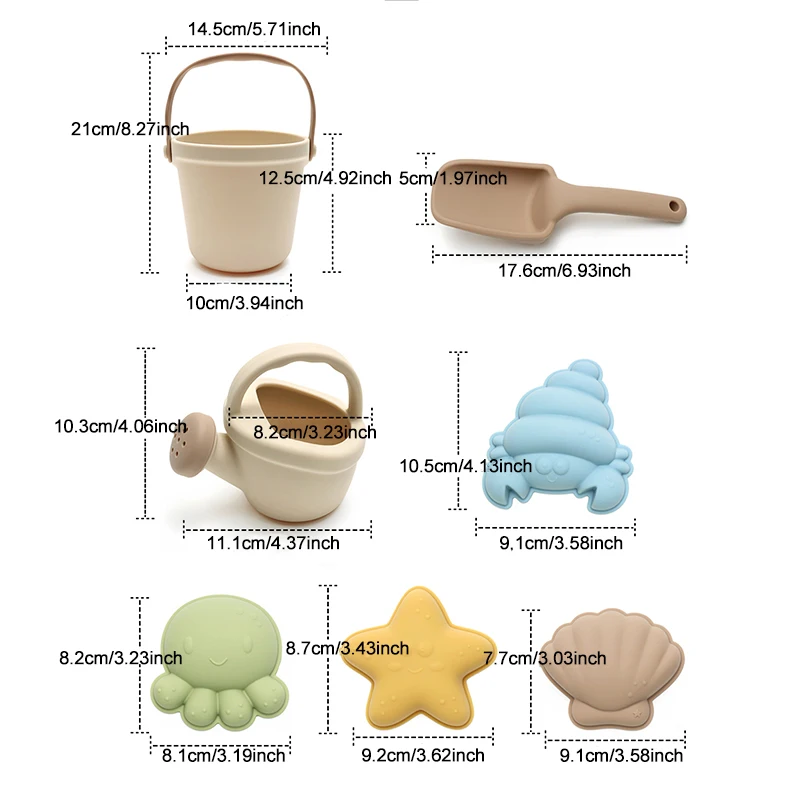 7Pcs Kids Silicone Beach Toys Set Sand Bucket with Shovel and Molds Outdoor Toddler Sand Digging And Storage Tool Beach Play Toy
