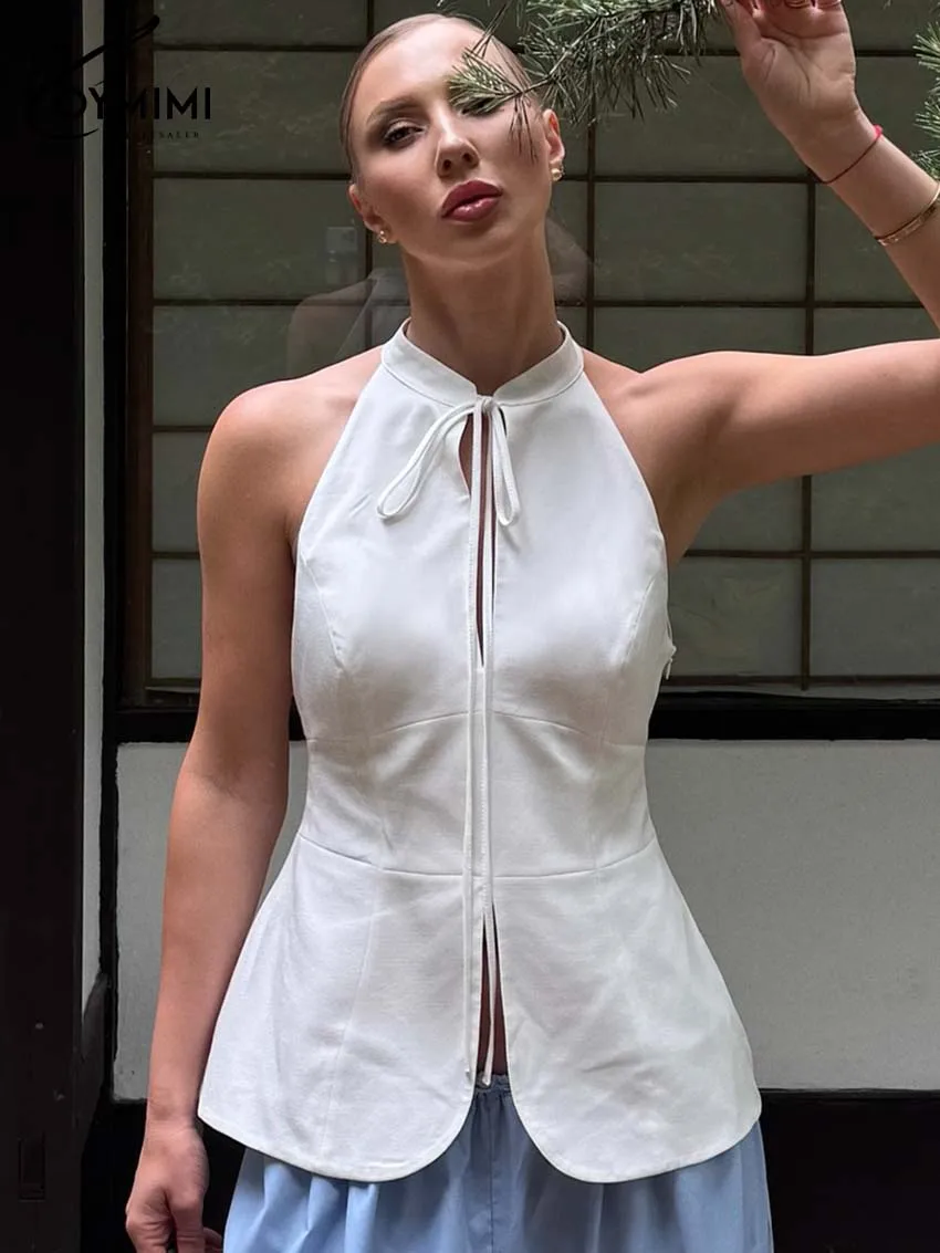 White Sleeveless Lace-Up Blouse with Zipper