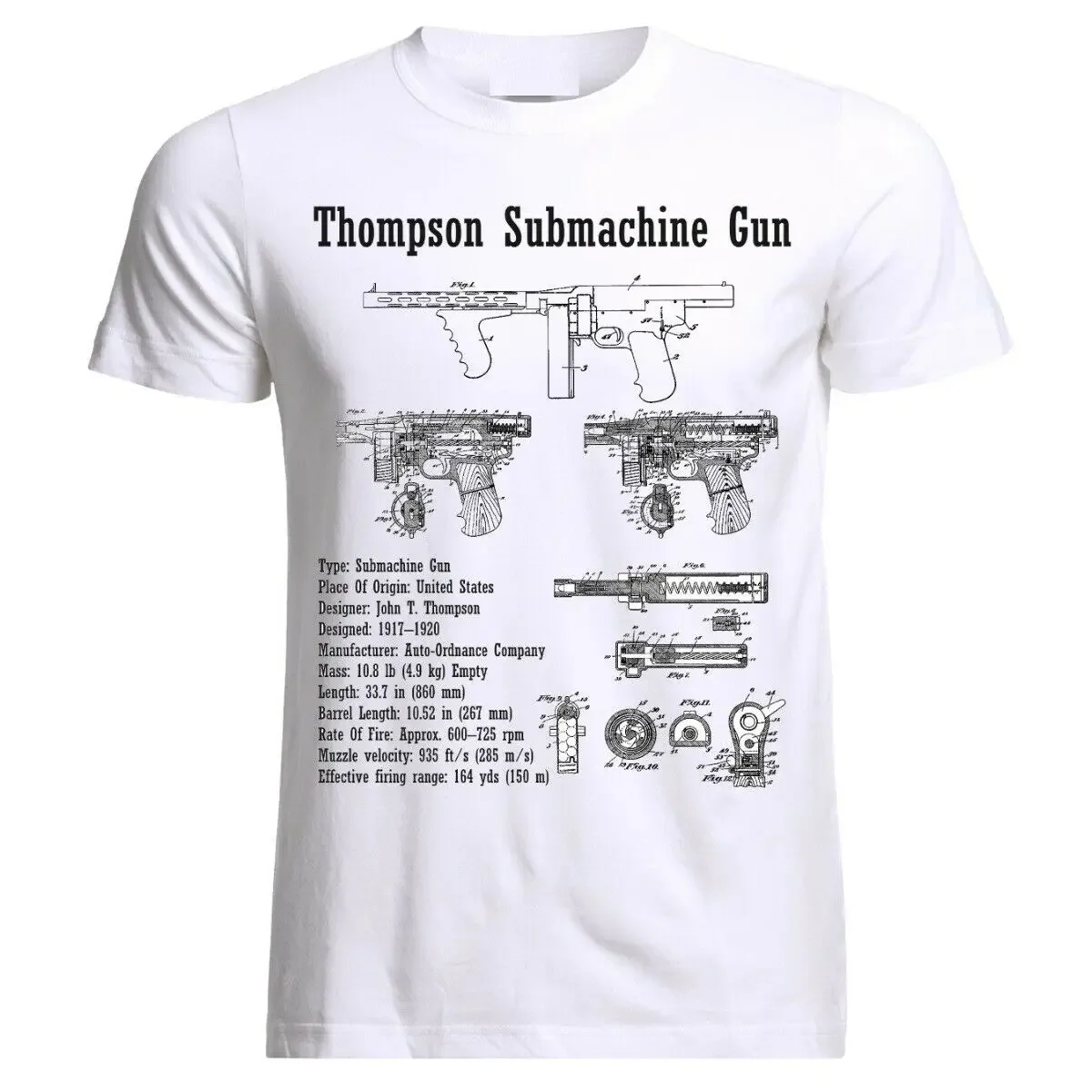 Thompson Submachine Gun Mafia Blueprint Patent Maschinenpistol T-Shirt Men's 100% Cotton Casual T-shirts Loose Top New