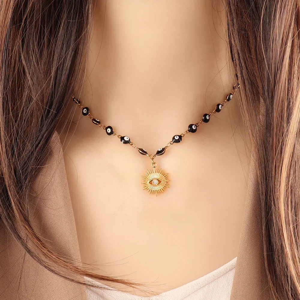 Blue Color Evil Eye Charms Necklace for Women Men Stainless Steel Lucky Turkish Eye Pendants Chain Necklace Choker Jewelry Gifts