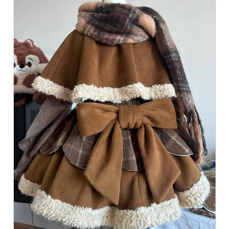 French Vintage Sweet Lolita 2Pcs Set for Women, Cape Shawl 3D Bow Plaid Dress, Gingerbread Man Decor Autumn Winter Cute Outfit