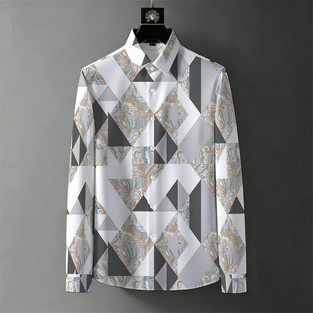 Men's wrinkle-free shirt for spring and autumn, geometric color-blocked paisley print design, versatile long-sleeved casual top.
