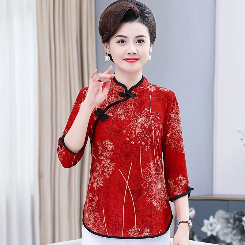 Spring and summer three-quarter sleeve Tops Women Blouse Traditional Vintage Chinese printed cheongsam collar Shirt