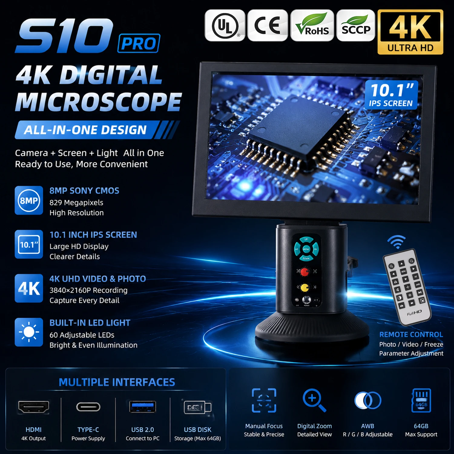 YIZHAN S10 Pro 4K Digitalmikroskop 10,1 Zoll HD-Bildschirm 8MP CMOS Industrielle Inspektionskamera All-in-One-System HDMI 4K-Ausgang USB-PC-Verbindung Typ-C-Schnittstelle 60 LED-Leuchten Fernbedienung