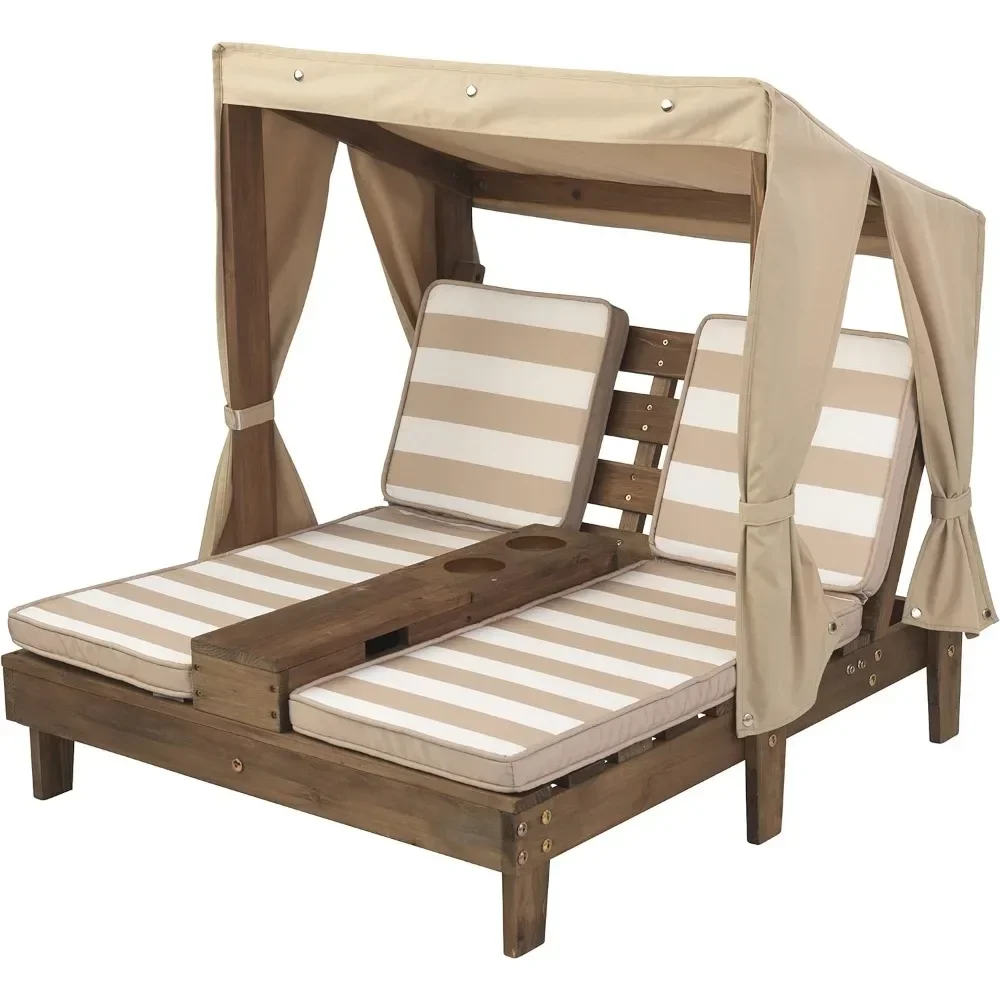 KidKraft Wooden Outdoor Double Chaise Lounge With Cup Holders, Patio Furniture For Kids Or Pets, Espresso With Oatmeal And White