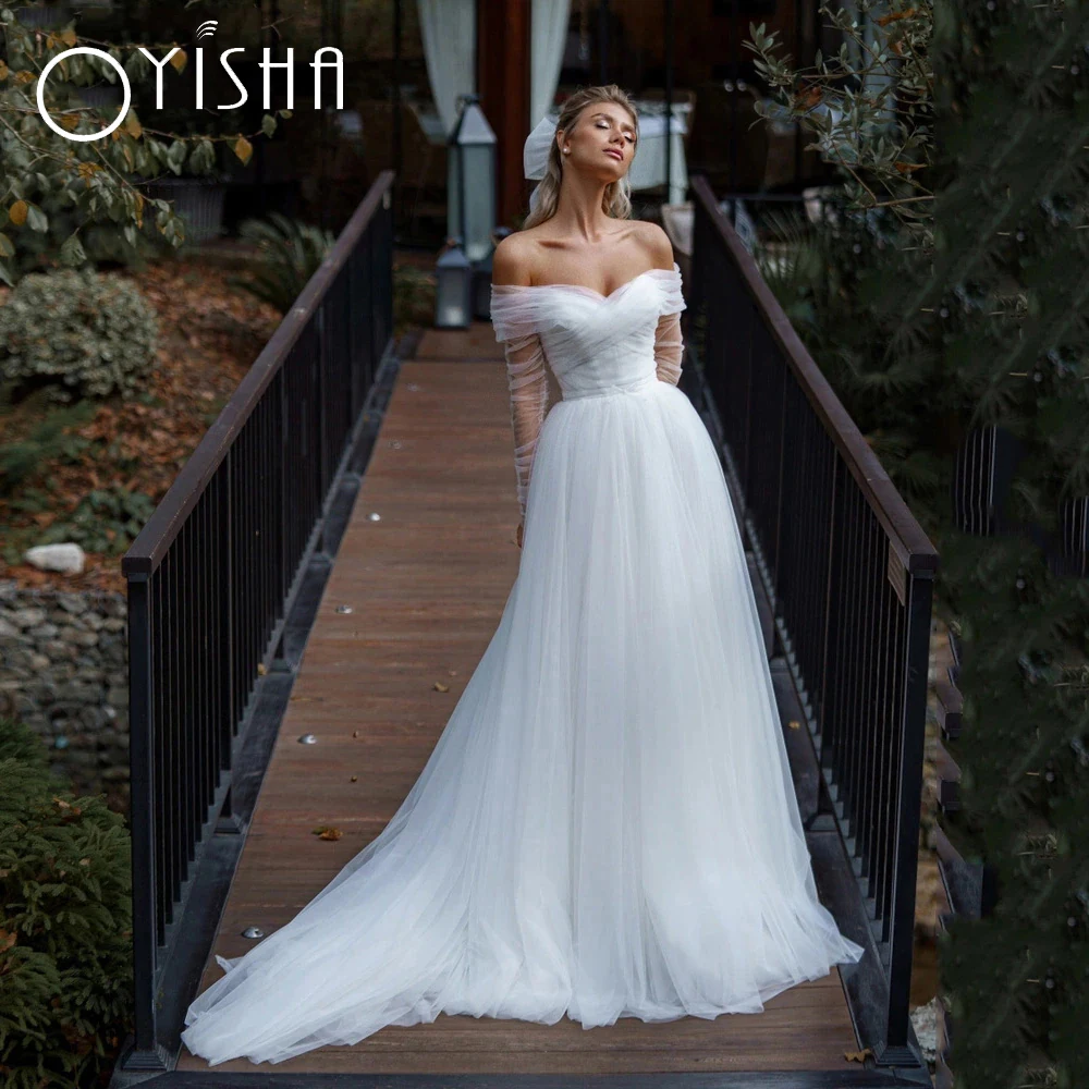 OYISHA Tulle maniche lunghe abito da sposa 2024 sposa Off spalla abiti da sposa bohémien semplice Backless a-line Vestido De Novia Abito da sposa con maniche lunghe in tulle 2024 Sposa  Abiti da sposa bohémien off shou