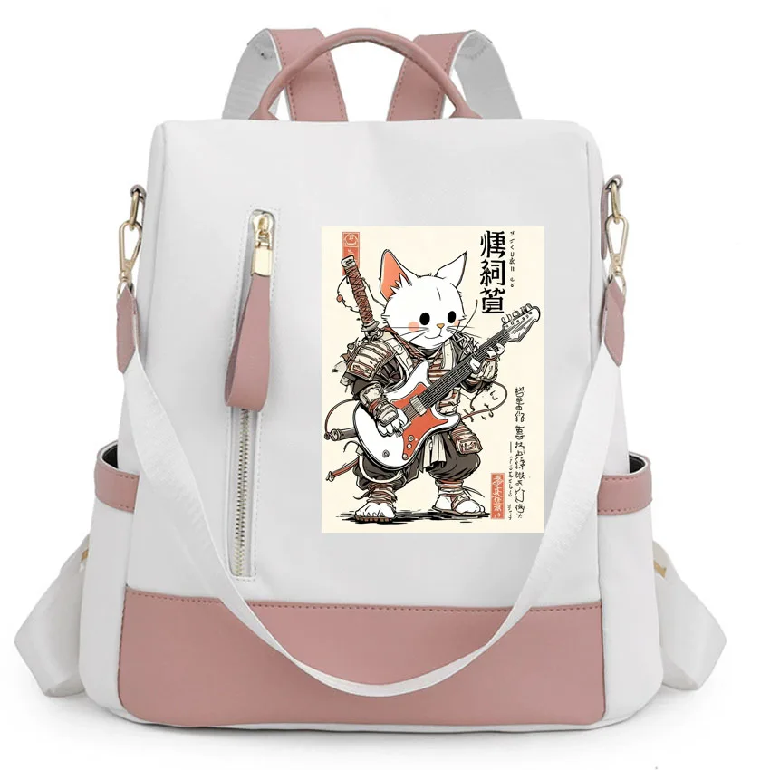 

Водонепроницаемый рюкзак с изображением японского самурайского кота, играющего на электрогитаре, для женщин, качественные школьные сумки, женская многофункциональная сумка для путешествий