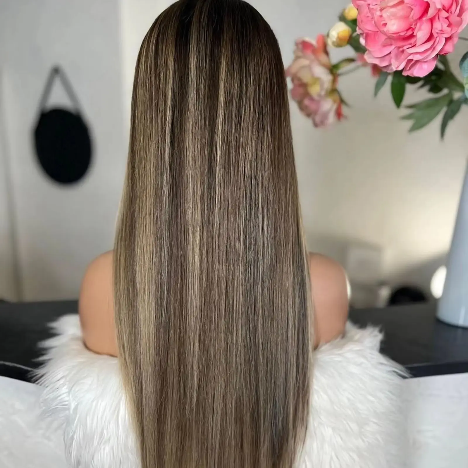 

24 Inches Natural Straight Highlights Shadow Roots Front Lace Wigs Free Part Streaks Glueless Wigs 13*4 HD Lace Synthetic Hair